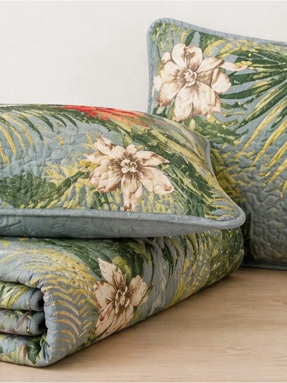 Tropical Floral King Quilt Set Botanical Palm Coastal Bedding NWT